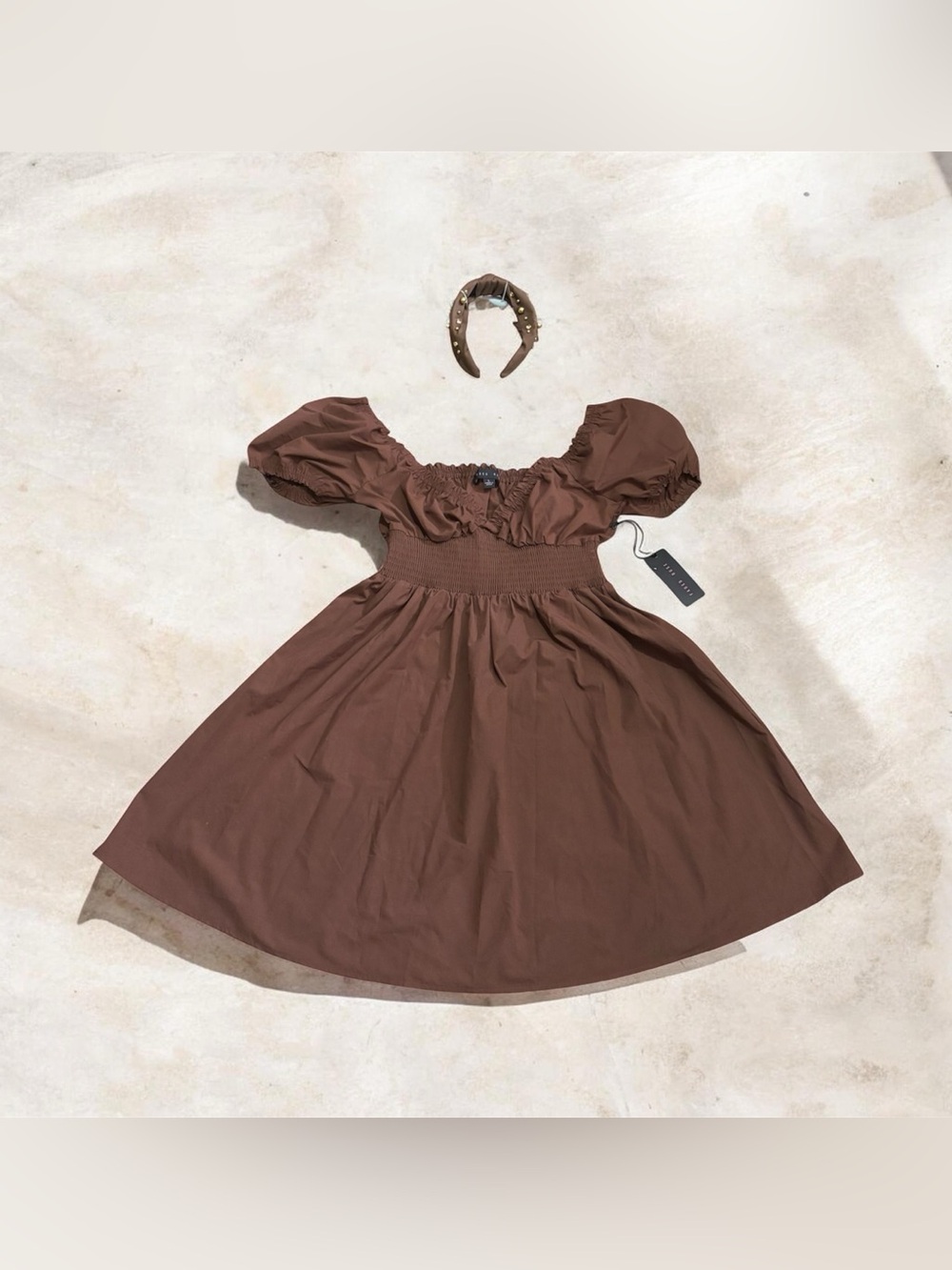 Faded Rose Brown Smocked Puff Sleeve Milkmaid Dress Junior’s Size Large